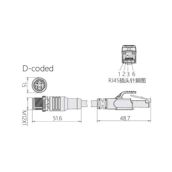 M12 4Pin D-coded、公頭直型轉(zhuǎn)RJ45公頭直型、雙端預(yù)鑄PVC非柔性電纜、帶屏蔽、黃色護(hù)套、0C4168-XXX
