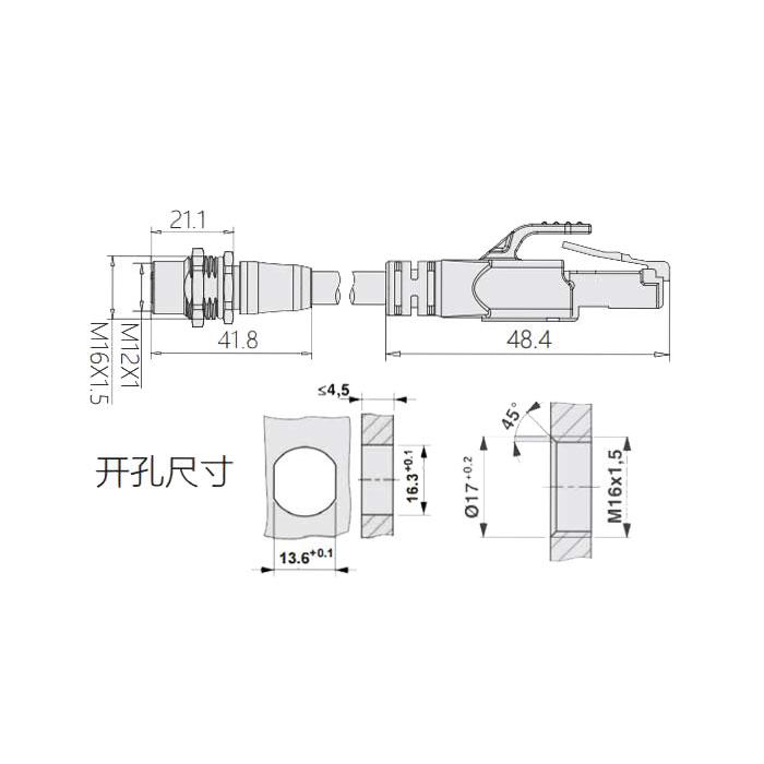 M12 4Pin D-coded、板面法蘭母頭轉(zhuǎn)RJ45公頭直型、雙端預(yù)鑄PVC非柔性電纜、帶屏蔽、黃色護(hù)套、0C4228-XXX